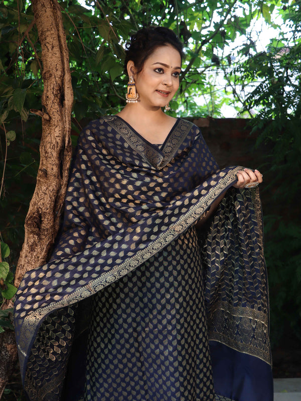 Banarasee Cotton Silk Zari Woven Salwar Kameez Dupatta Set-Navy Blue