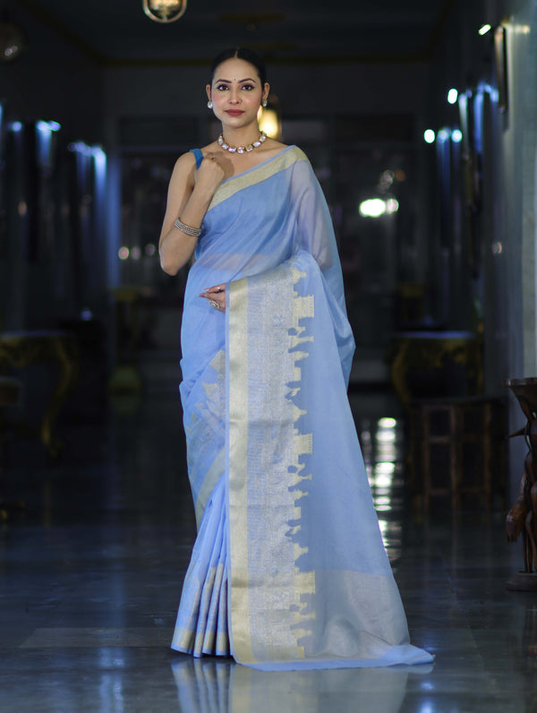 Banarasee Handloom Semi Silk Plain Saree With Ganga Ghat Zari Border-Light Blue