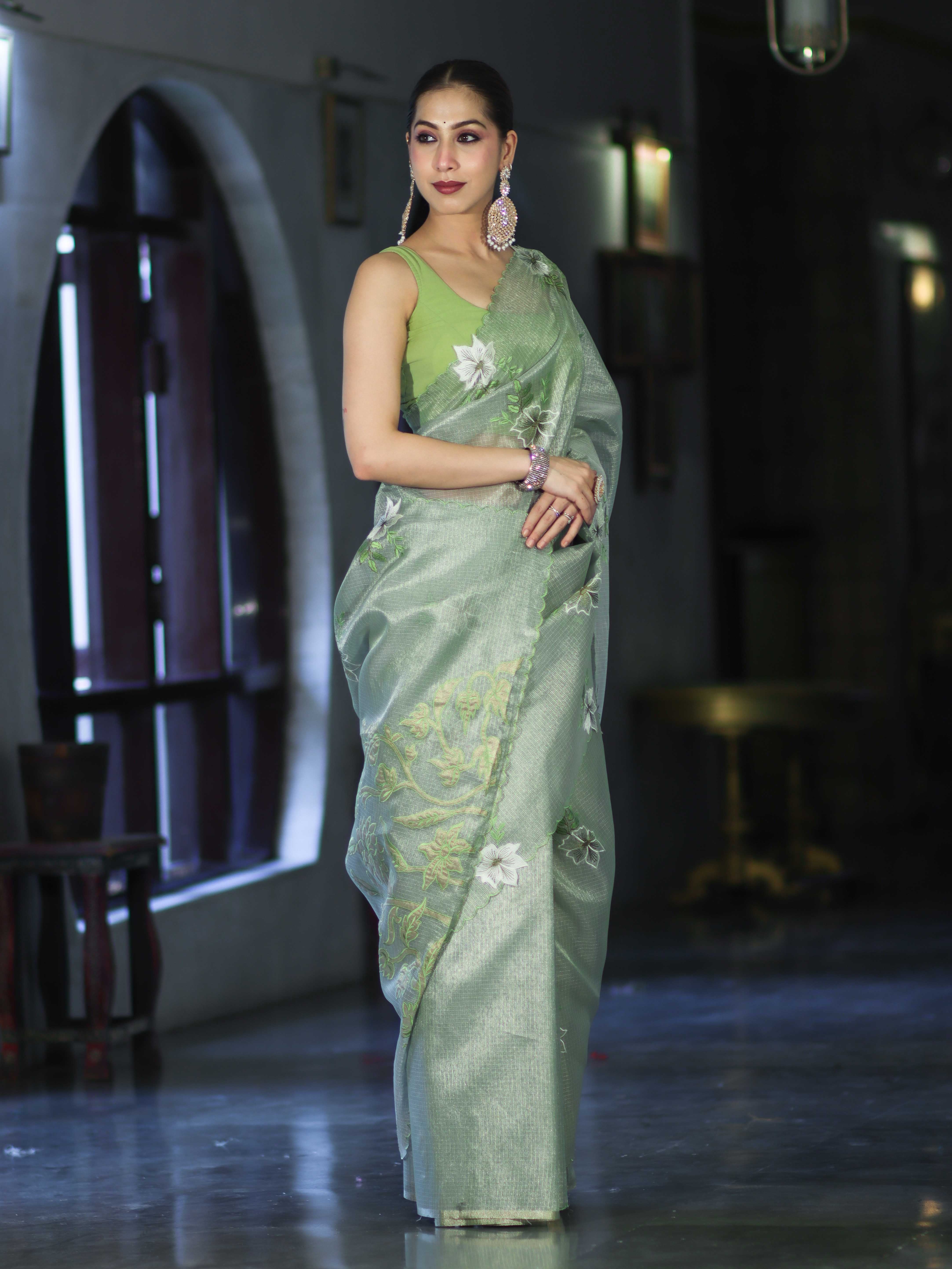 Banarasee Tissue Saree With Resham Embroidery Applique Work Pallu & Scallop Border-Light Green