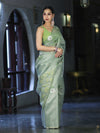 Banarasee Tissue Saree With Resham Embroidery Applique Work Pallu & Scallop Border-Light Green