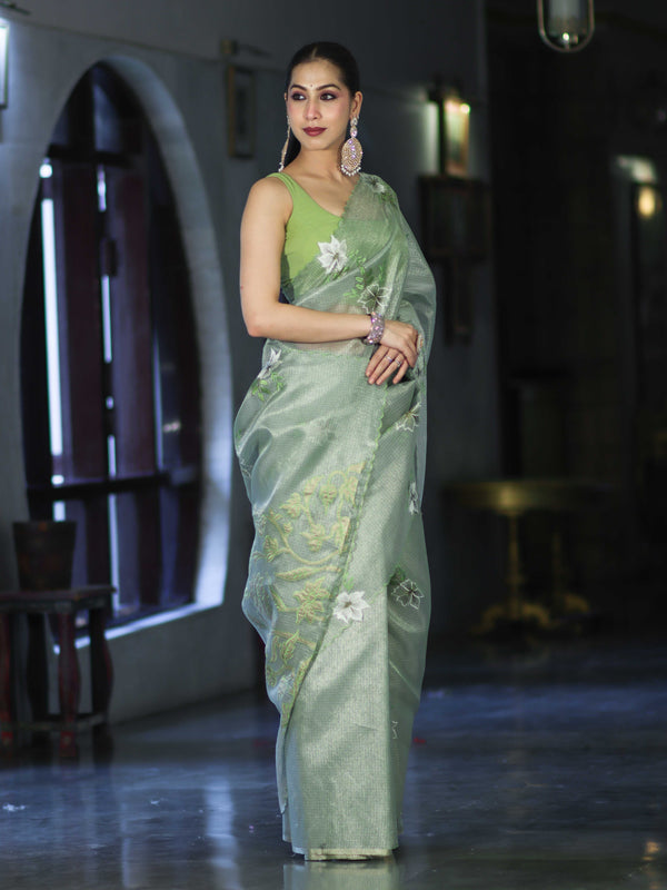 Banarasee Tissue Saree With Resham Embroidery Applique Work Pallu & Scallop Border-Light Green