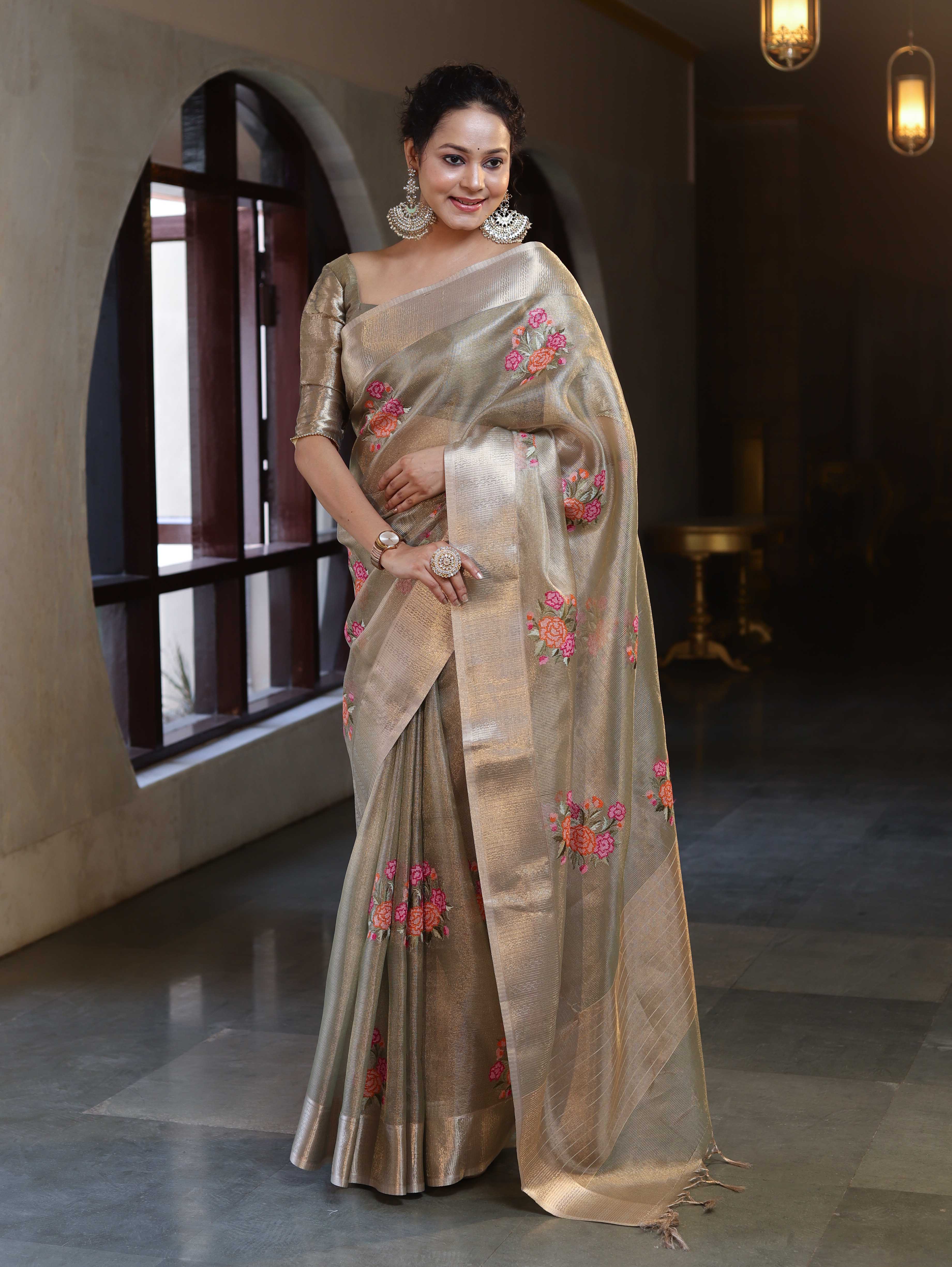 Banarasee Handwoven Tissue Saree With Thread Embroidered Buta & Zari Border-Gold