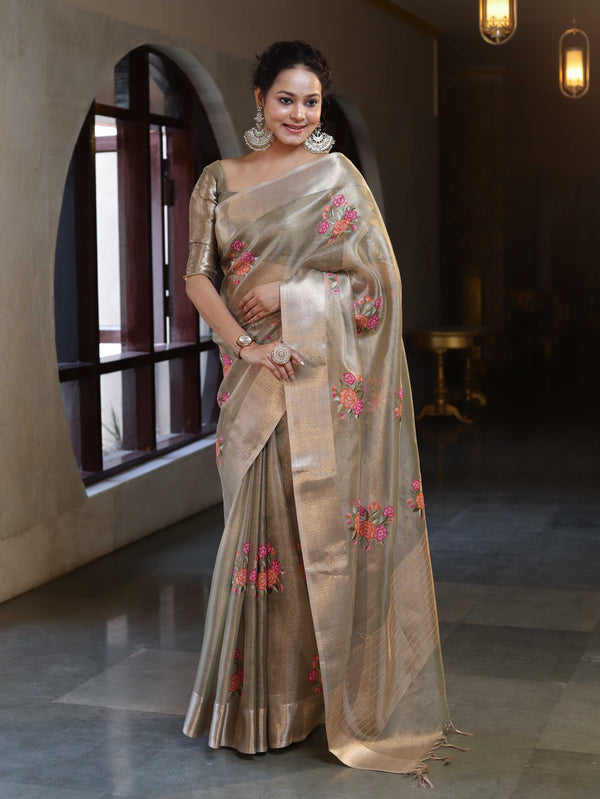 Banarasee Handwoven Tissue Saree With Thread Embroidered Buta & Zari Border-Gold