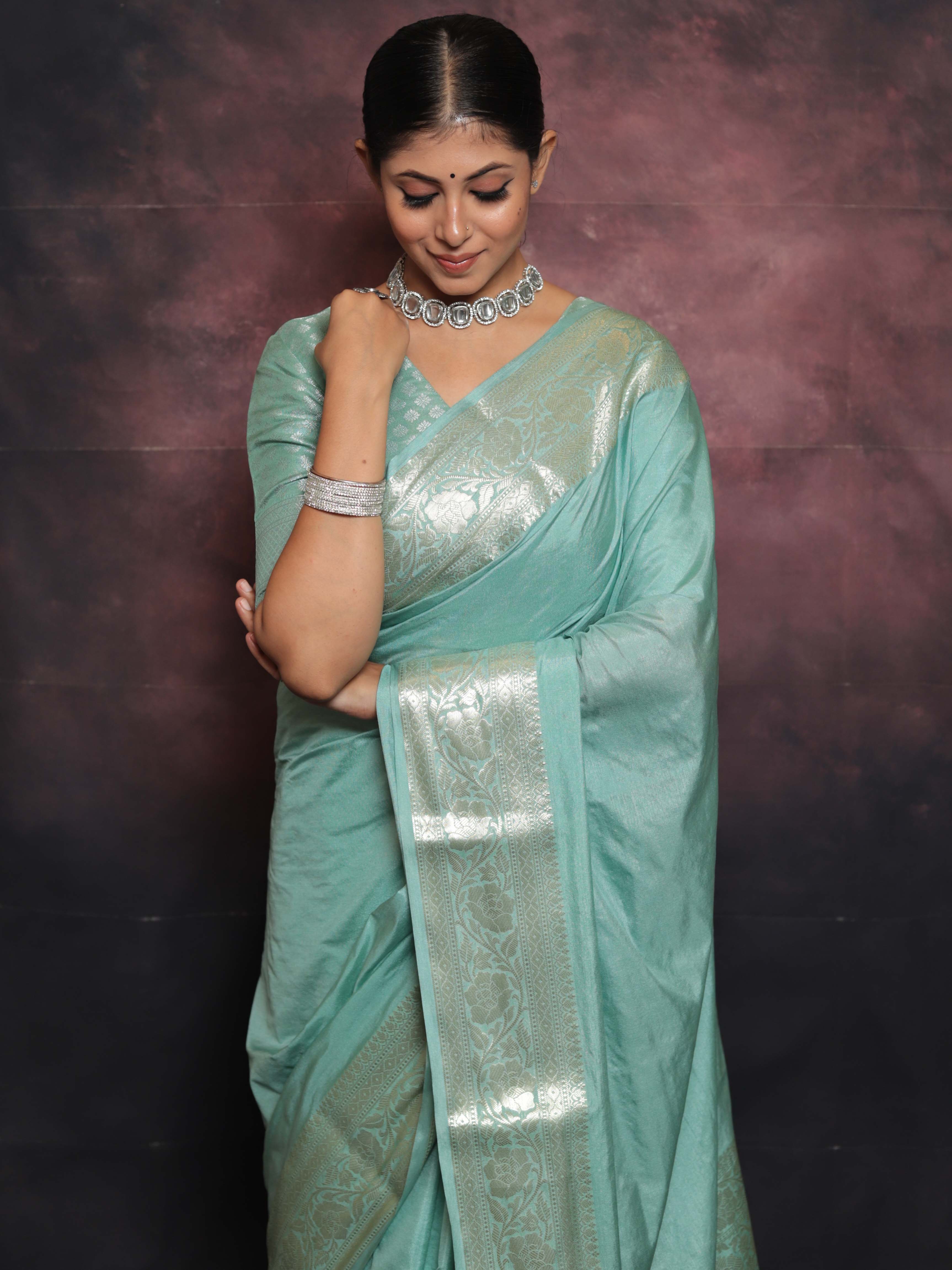 Banarasee Handwoven Semi Silk Saree With Silver Zari Border-Pastel Green