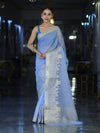 Banarasee Handloom Semi Silk Plain Saree With Ganga Ghat Zari Border-Light Blue