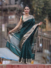 Banarasee Handloom Semi Silk Saree With Buti Design Zari Border & Lace-Deep Green