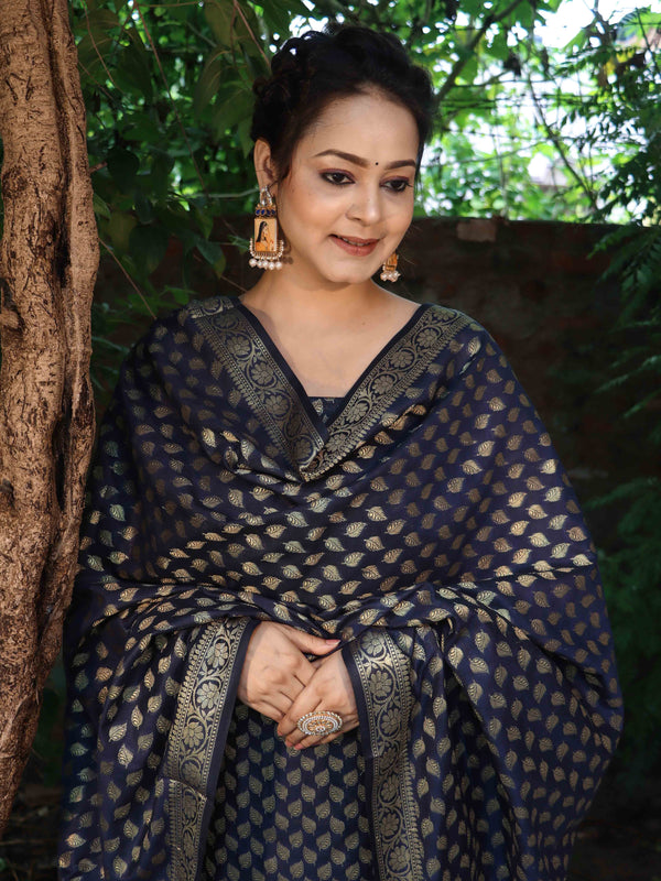 Banarasee Cotton Silk Zari Woven Salwar Kameez Dupatta Set-Navy Blue