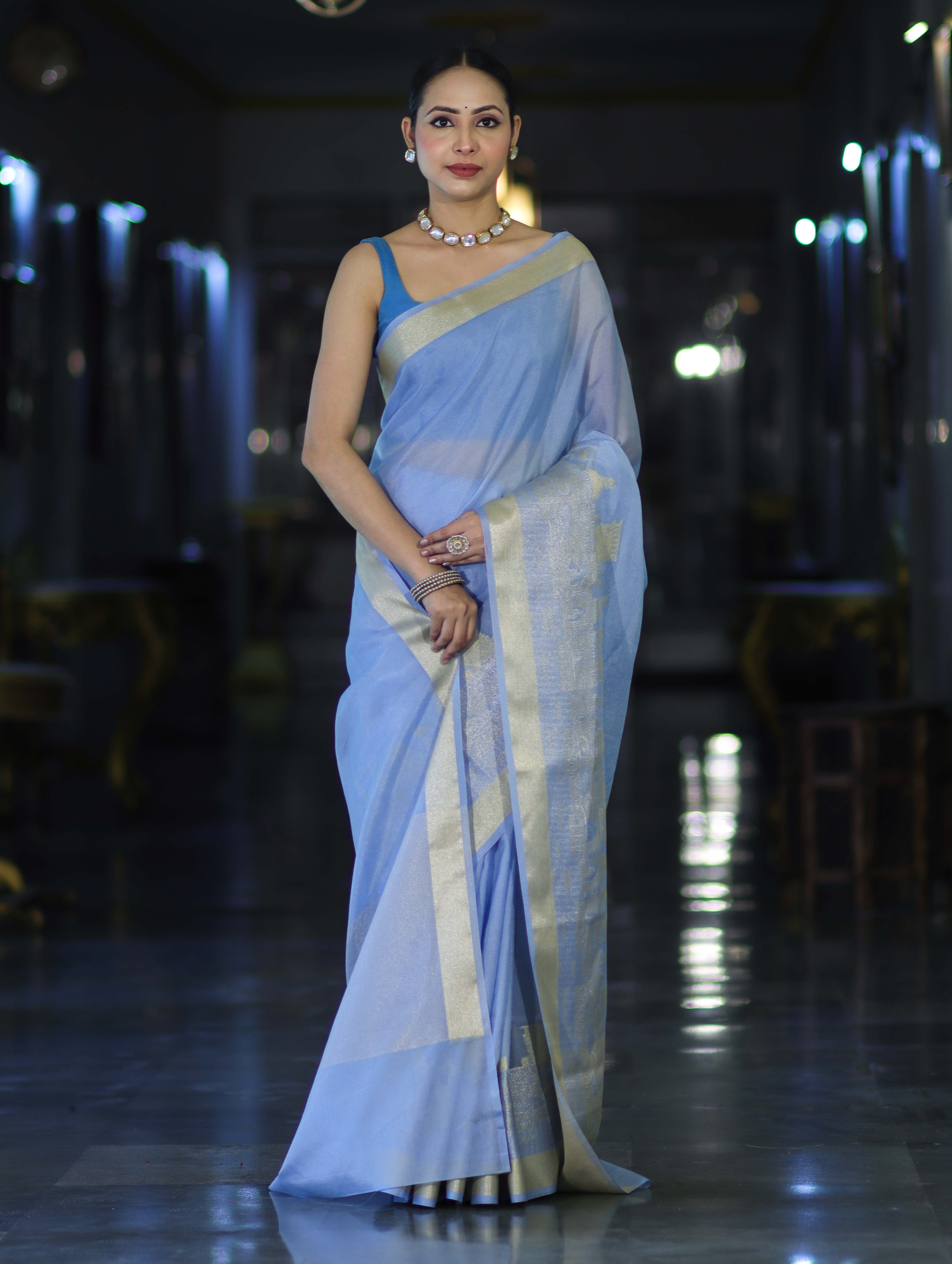 Banarasee Handloom Semi Silk Plain Saree With Ganga Ghat Zari Border-Light Blue