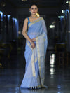 Banarasee Handloom Semi Silk Plain Saree With Ganga Ghat Zari Border-Light Blue
