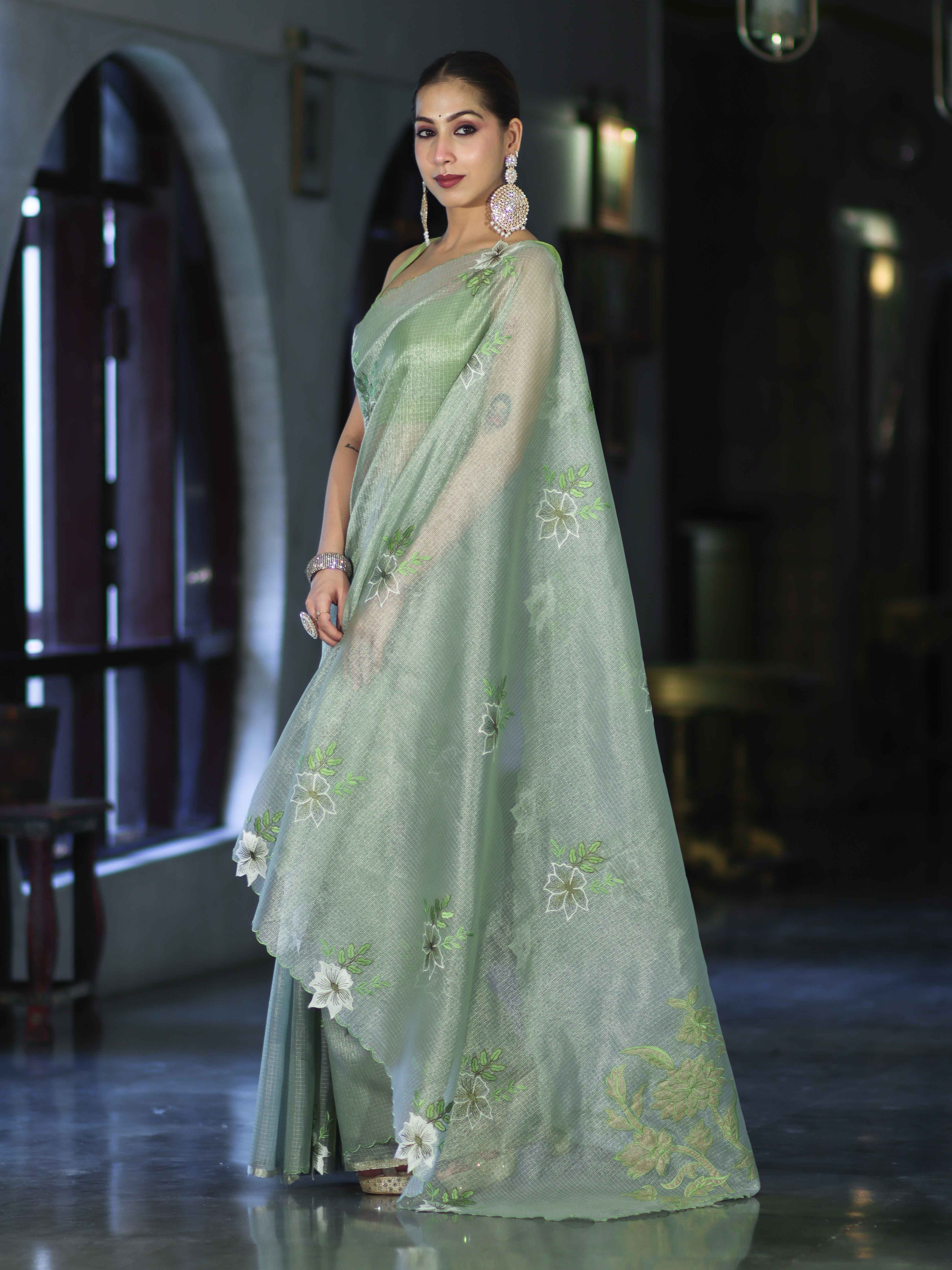 Banarasee Tissue Saree With Resham Embroidery Applique Work Pallu & Scallop Border-Light Green