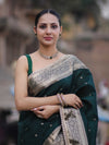 Banarasee Handloom Semi Silk Saree With Buti Design Zari Border & Lace-Deep Green
