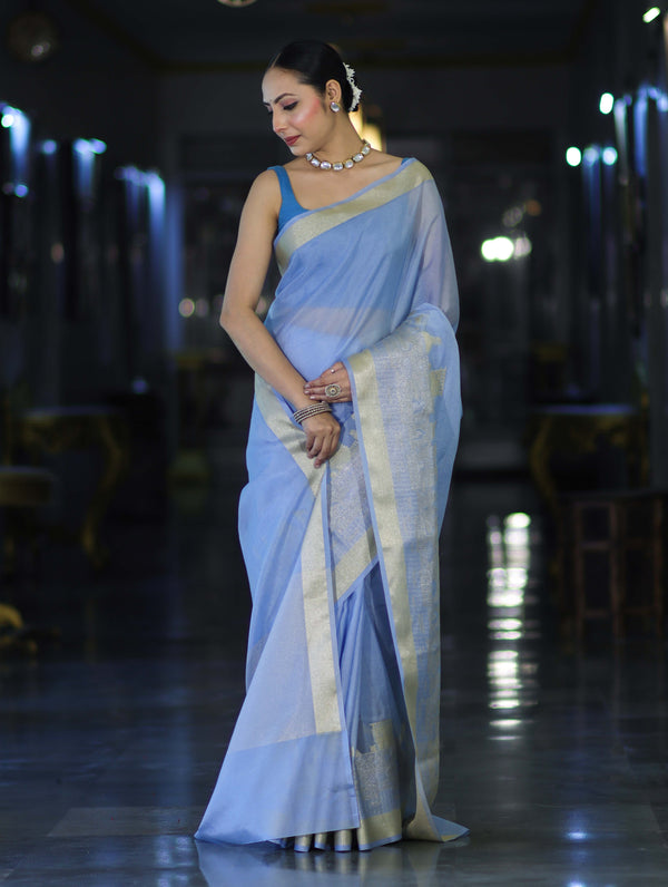 Banarasee Handloom Semi Silk Plain Saree With Ganga Ghat Zari Border-Light Blue
