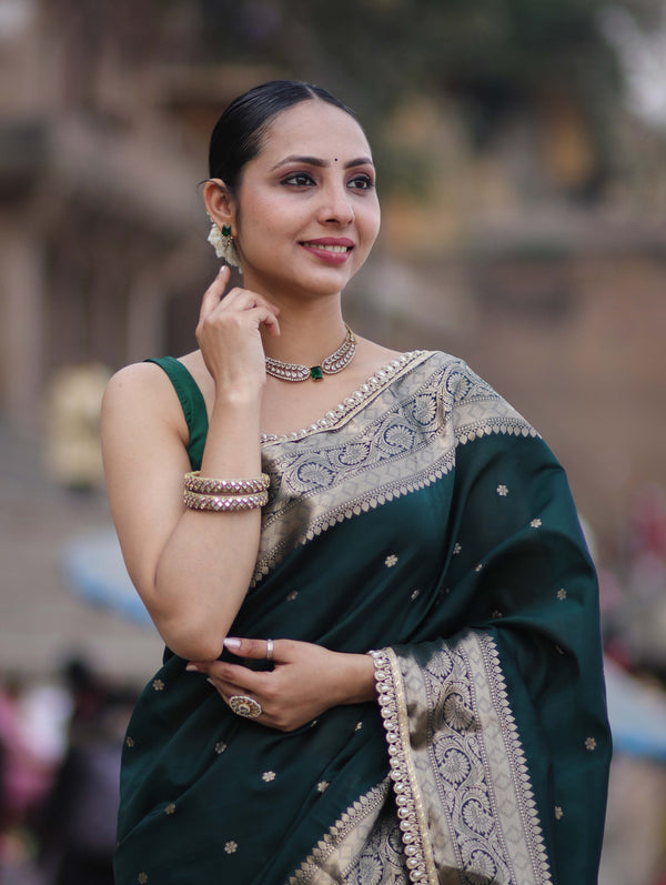 Banarasee Handloom Semi Silk Saree With Buti Design Zari Border & Lace-Deep Green