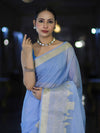 Banarasee Handloom Semi Silk Plain Saree With Ganga Ghat Zari Border-Light Blue