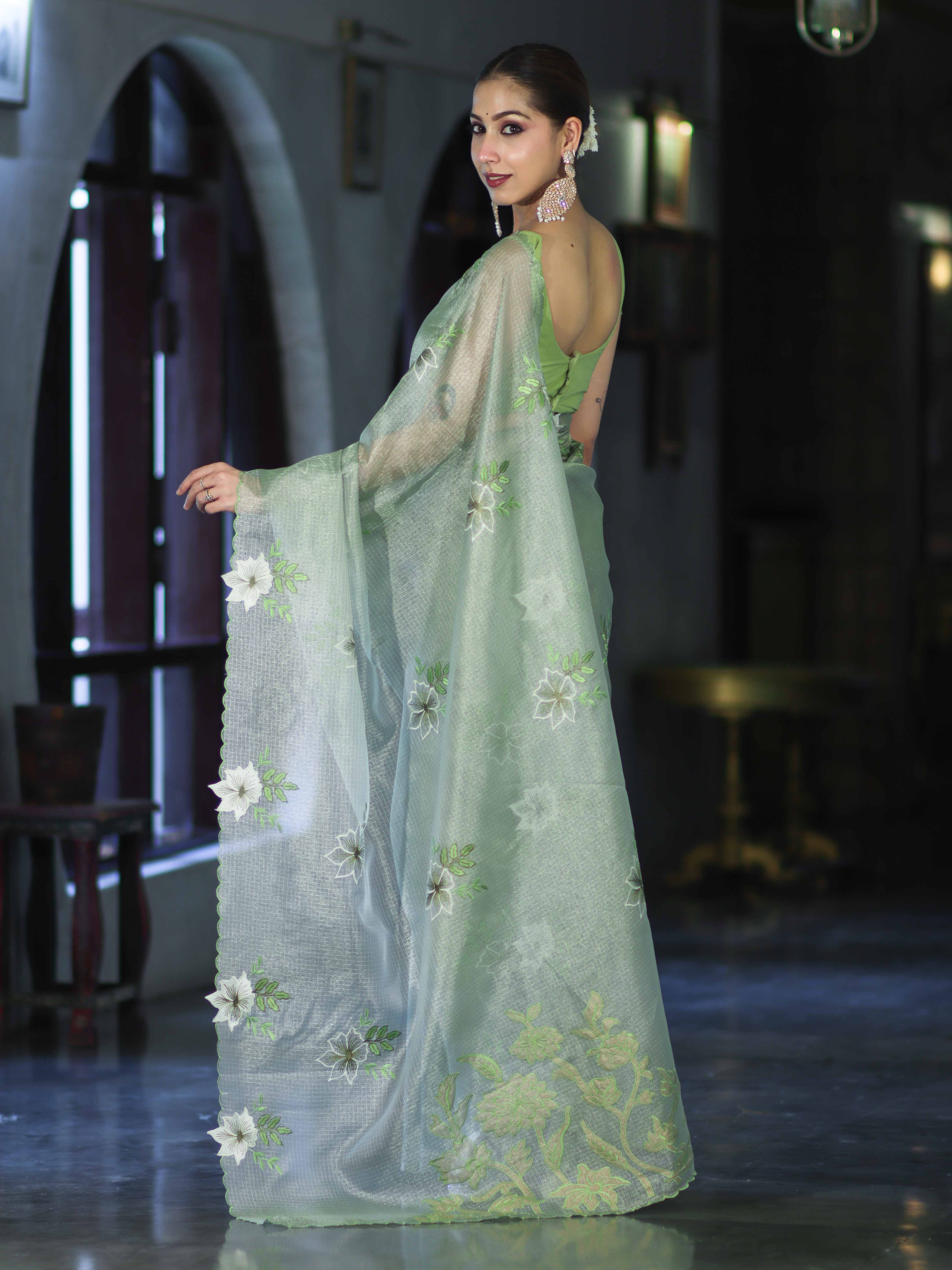 Banarasee Tissue Saree With Resham Embroidery Applique Work Pallu & Scallop Border-Light Green