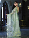 Banarasee Tissue Saree With Resham Embroidery Applique Work Pallu & Scallop Border-Light Green