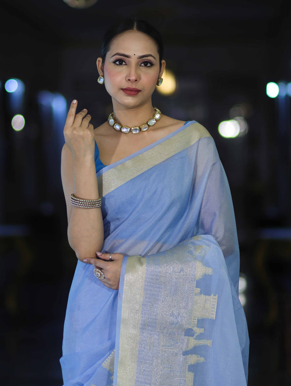 Banarasee Handloom Semi Silk Plain Saree With Ganga Ghat Zari Border-Light Blue