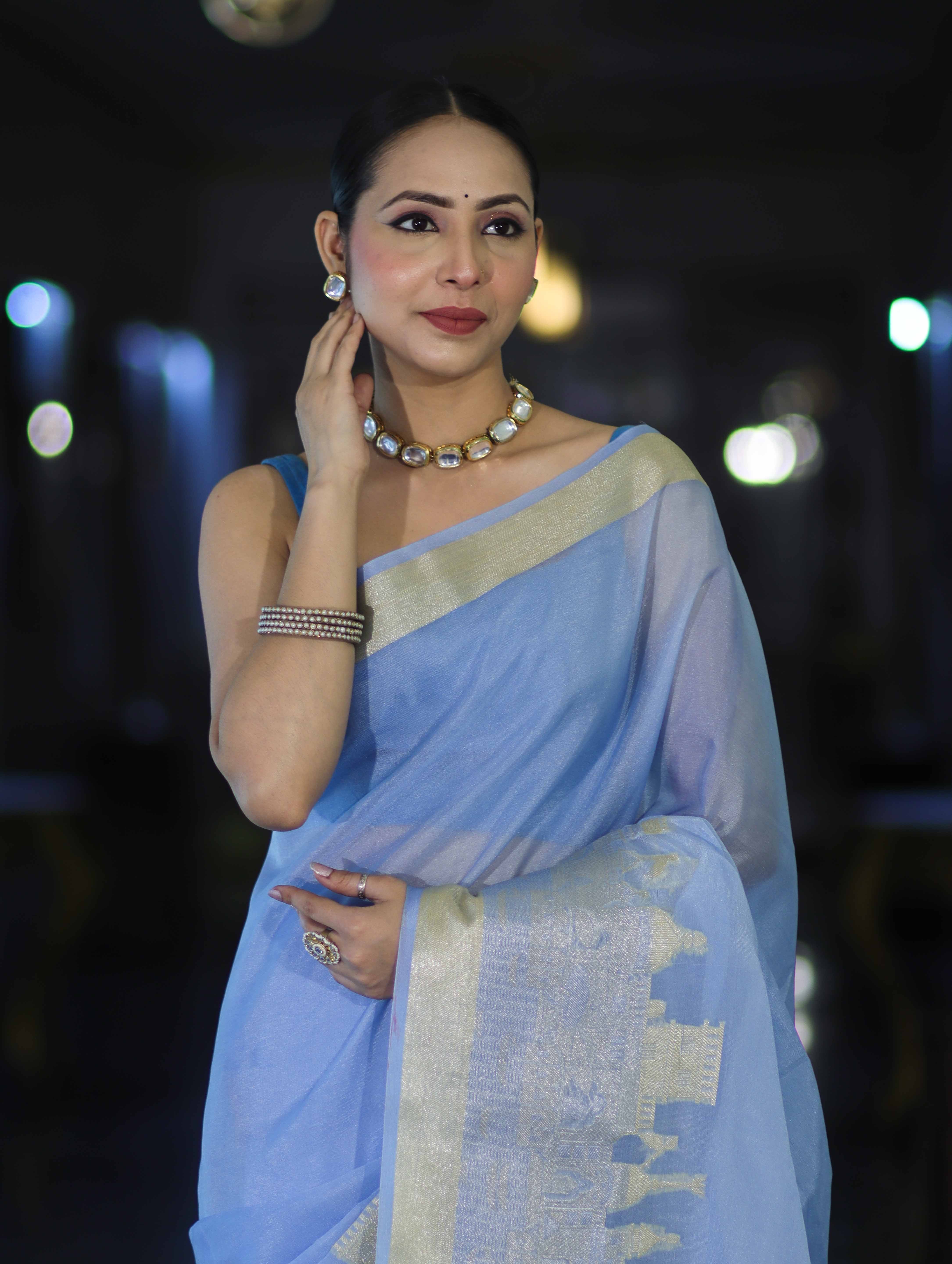 Banarasee Handloom Semi Silk Plain Saree With Ganga Ghat Zari Border-Light Blue