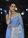 Banarasee Handloom Semi Silk Plain Saree With Ganga Ghat Zari Border-Light Blue