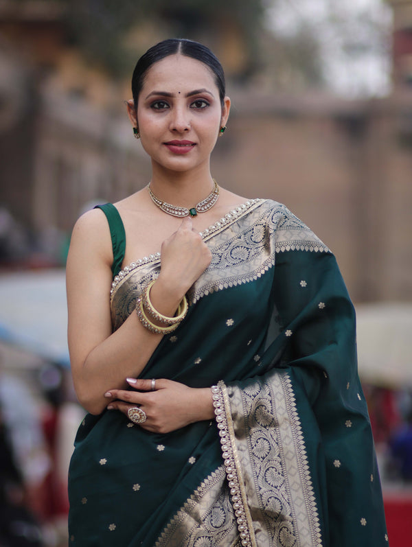 Banarasee Handloom Semi Silk Saree With Buti Design Zari Border & Lace-Deep Green
