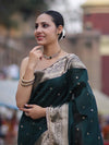 Banarasee Handloom Semi Silk Saree With Buti Design Zari Border & Lace-Deep Green
