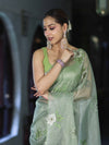 Banarasee Tissue Saree With Resham Embroidery Applique Work Pallu & Scallop Border-Light Green