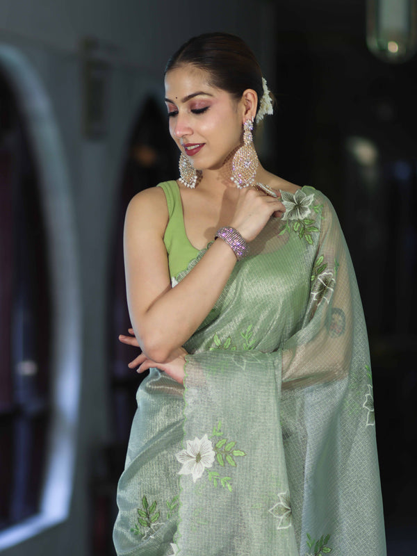 Banarasee Tissue Saree With Resham Embroidery Applique Work Pallu & Scallop Border-Light Green