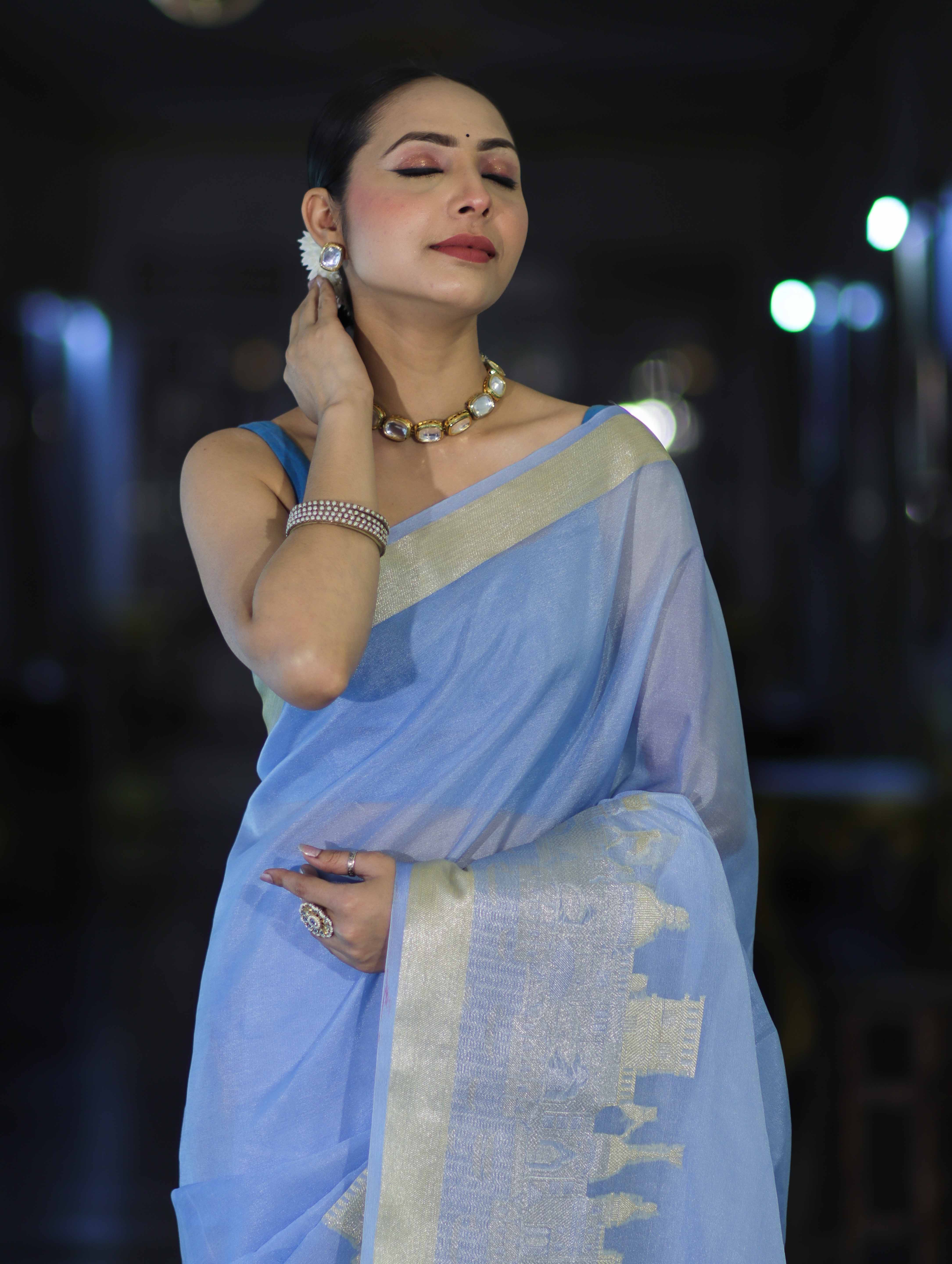 Banarasee Handloom Semi Silk Plain Saree With Ganga Ghat Zari Border-Light Blue