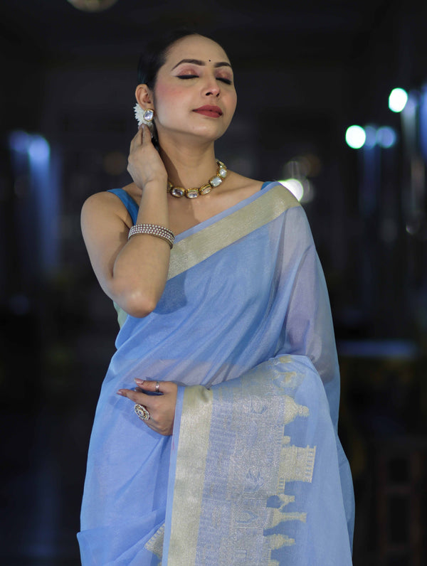 Banarasee Handloom Semi Silk Plain Saree With Ganga Ghat Zari Border-Light Blue