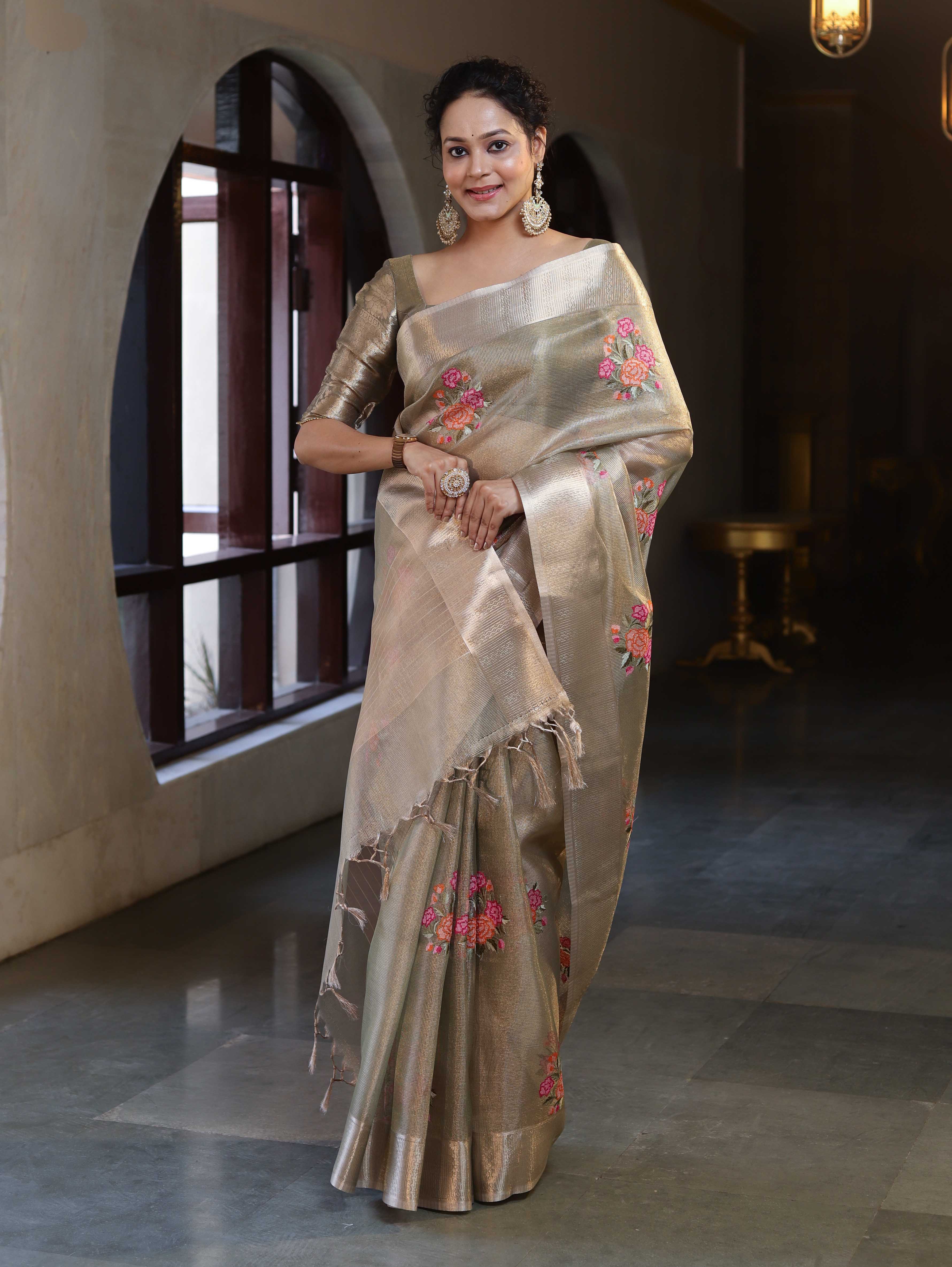 Banarasee Handwoven Tissue Saree With Thread Embroidered Buta & Zari Border-Gold