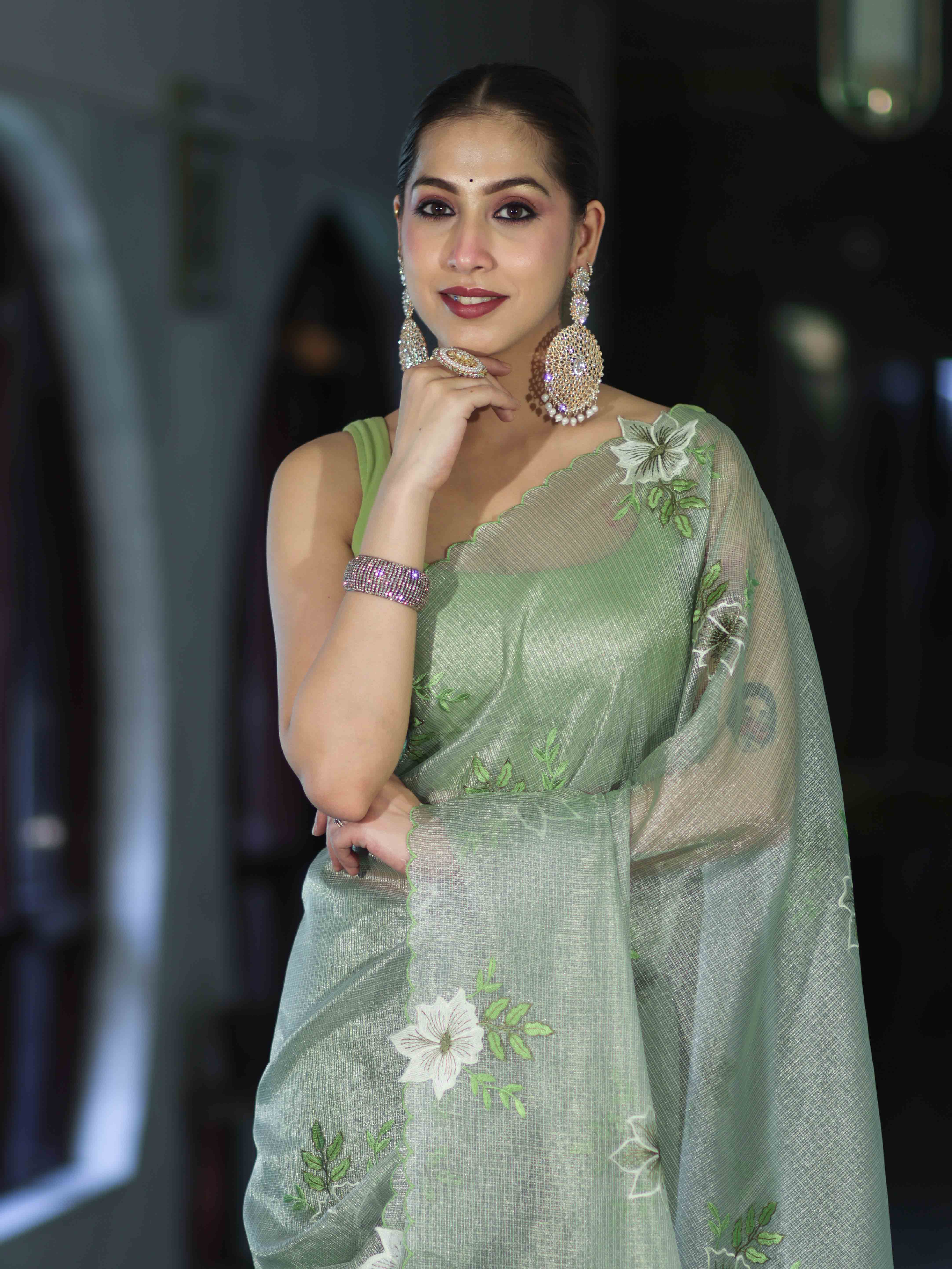 Banarasee Tissue Saree With Resham Embroidery Applique Work Pallu & Scallop Border-Light Green