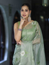Banarasee Tissue Saree With Resham Embroidery Applique Work Pallu & Scallop Border-Light Green