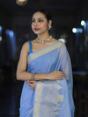 Banarasee Handloom Semi Silk Plain Saree With Ganga Ghat Zari Border-Light Blue