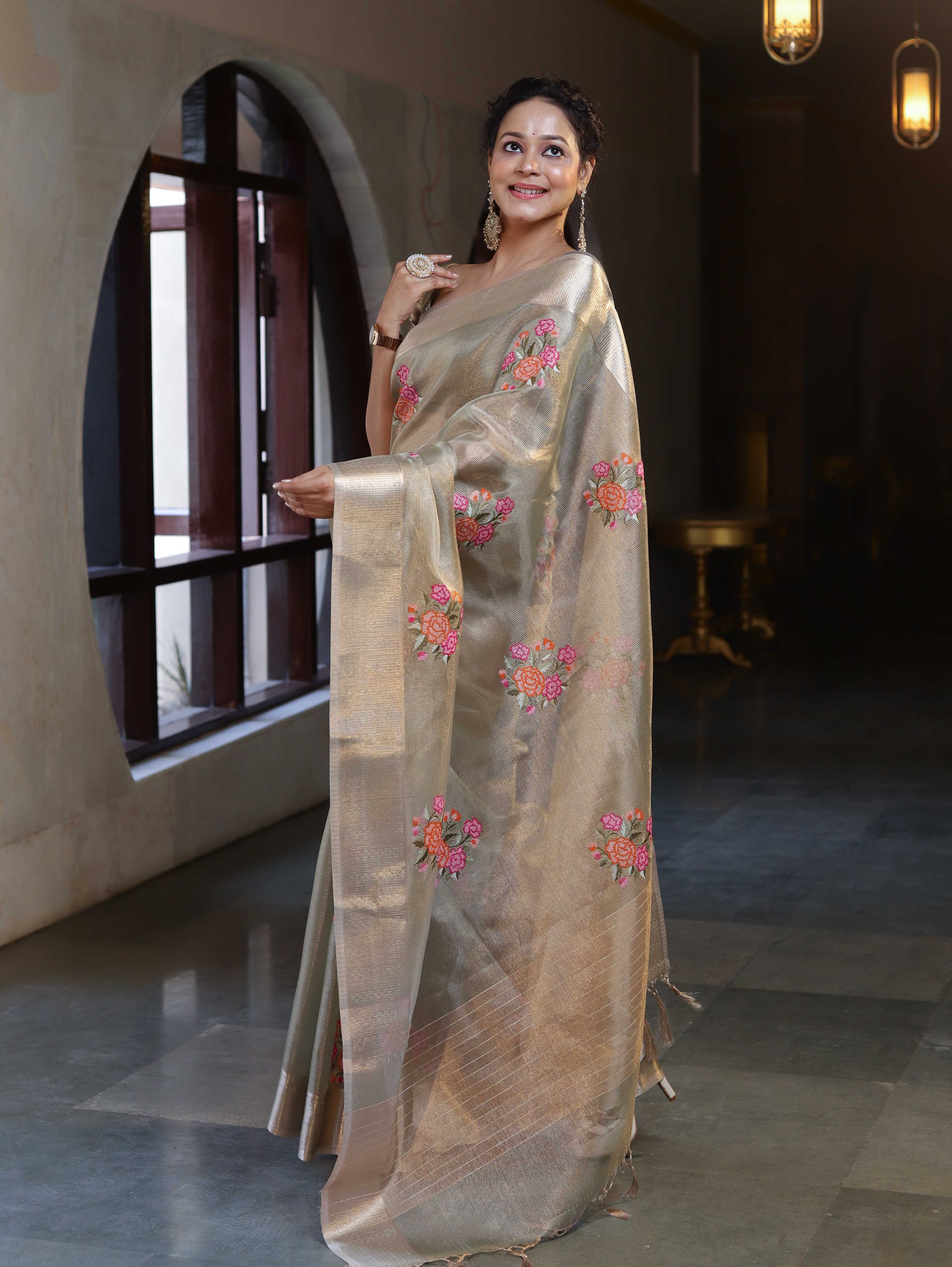 Banarasee Handwoven Tissue Saree With Thread Embroidered Buta & Zari Border-Gold