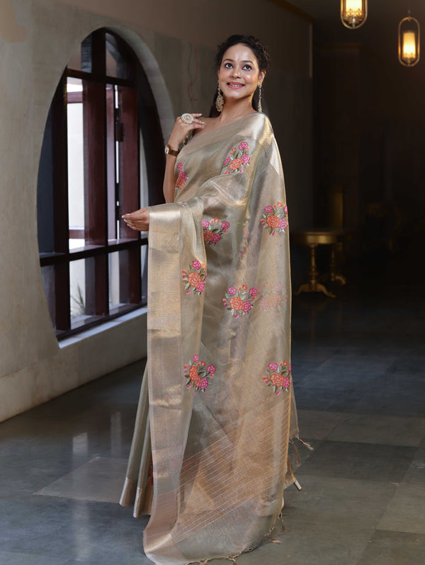 Banarasee Handwoven Tissue Saree With Thread Embroidered Buta & Zari Border-Gold