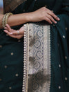 Banarasee Handloom Semi Silk Saree With Buti Design Zari Border & Lace-Deep Green