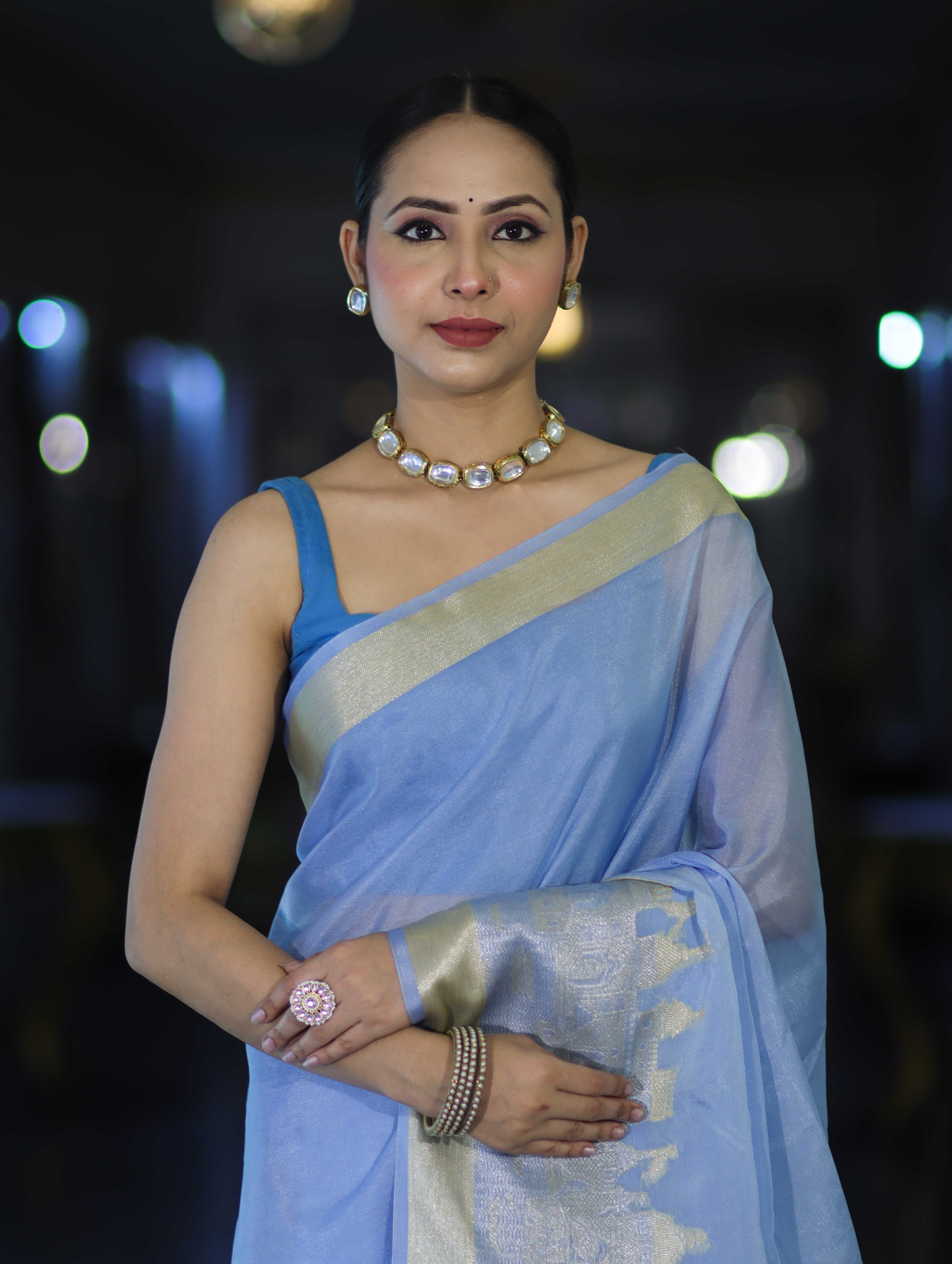 Banarasee Handloom Semi Silk Plain Saree With Ganga Ghat Zari Border-Light Blue