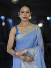 Banarasee Handloom Semi Silk Plain Saree With Ganga Ghat Zari Border-Light Blue
