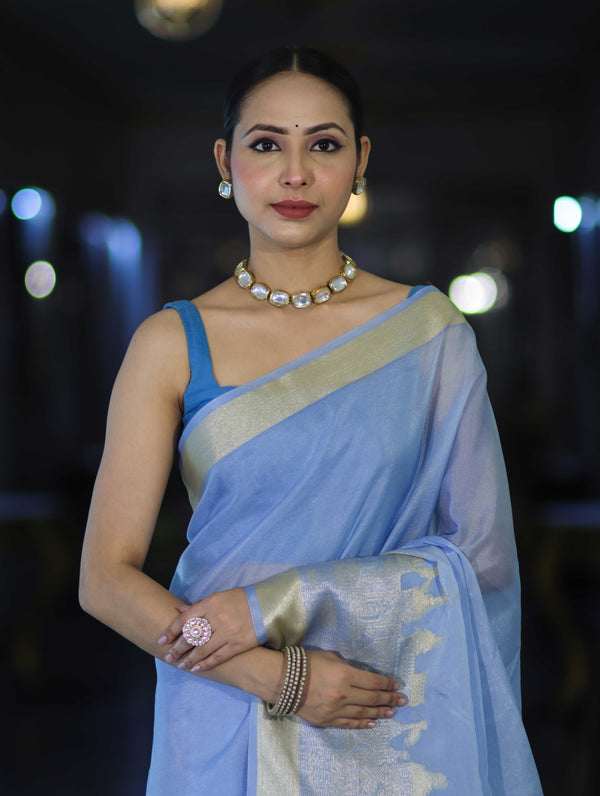 Banarasee Handloom Semi Silk Plain Saree With Ganga Ghat Zari Border-Light Blue