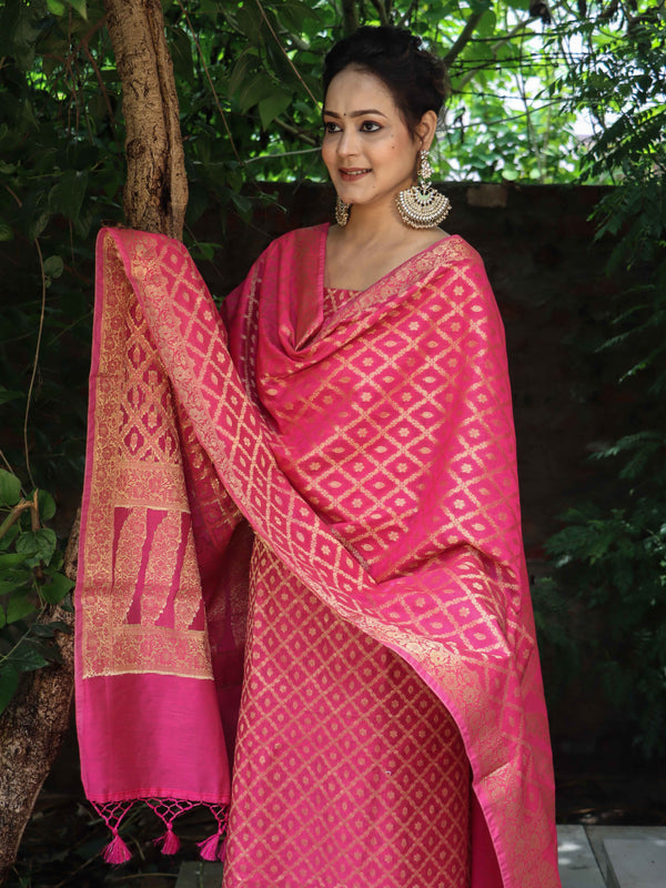 Banarasee Cotton Silk Zari Woven Salwar Kameez Dupatta Set-Fuscia Pink
