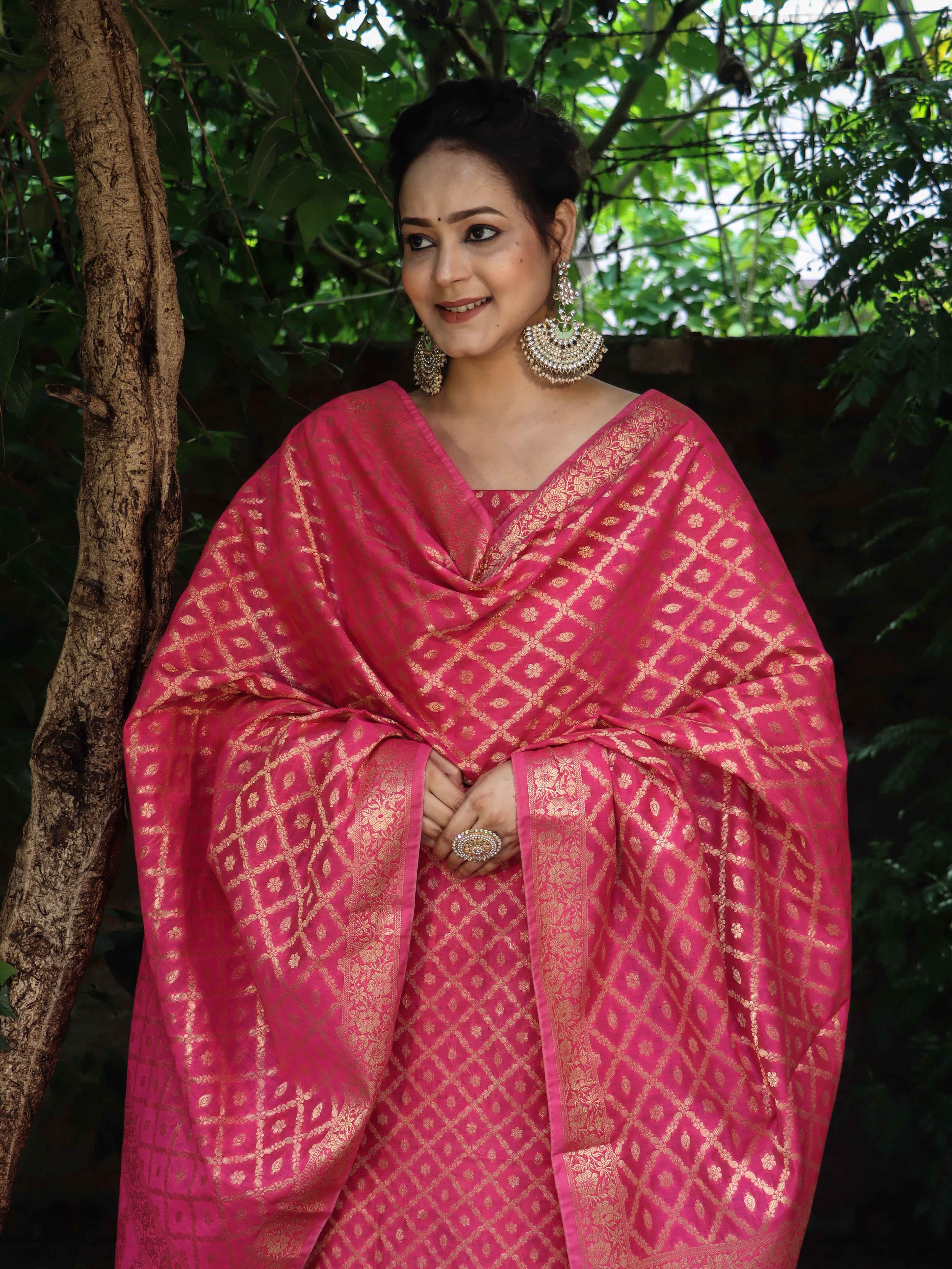 Banarasee Cotton Silk Zari Woven Salwar Kameez Dupatta Set-Fuscia Pink