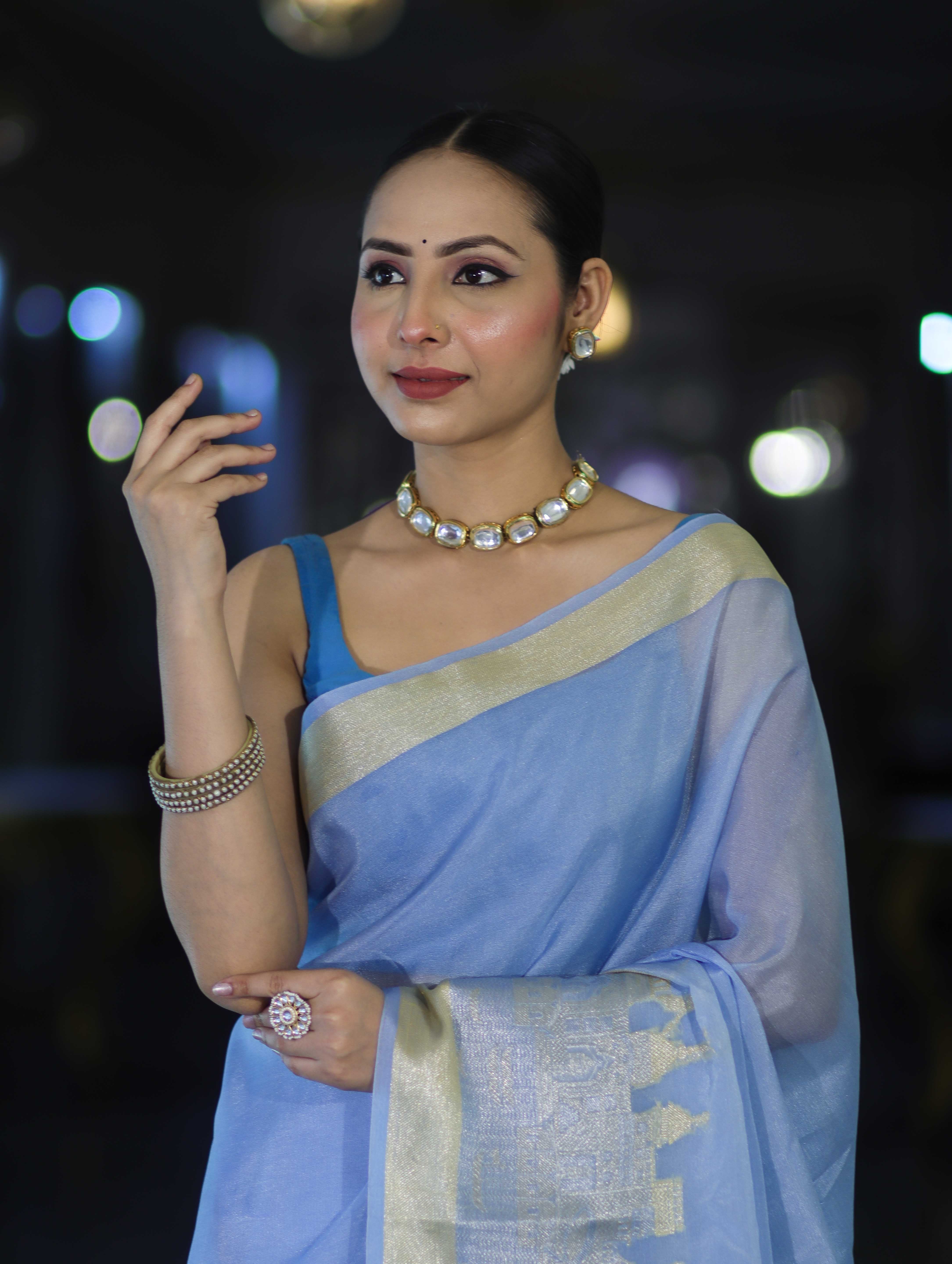 Banarasee Handloom Semi Silk Plain Saree With Ganga Ghat Zari Border-Light Blue