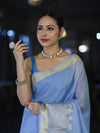 Banarasee Handloom Semi Silk Plain Saree With Ganga Ghat Zari Border-Light Blue