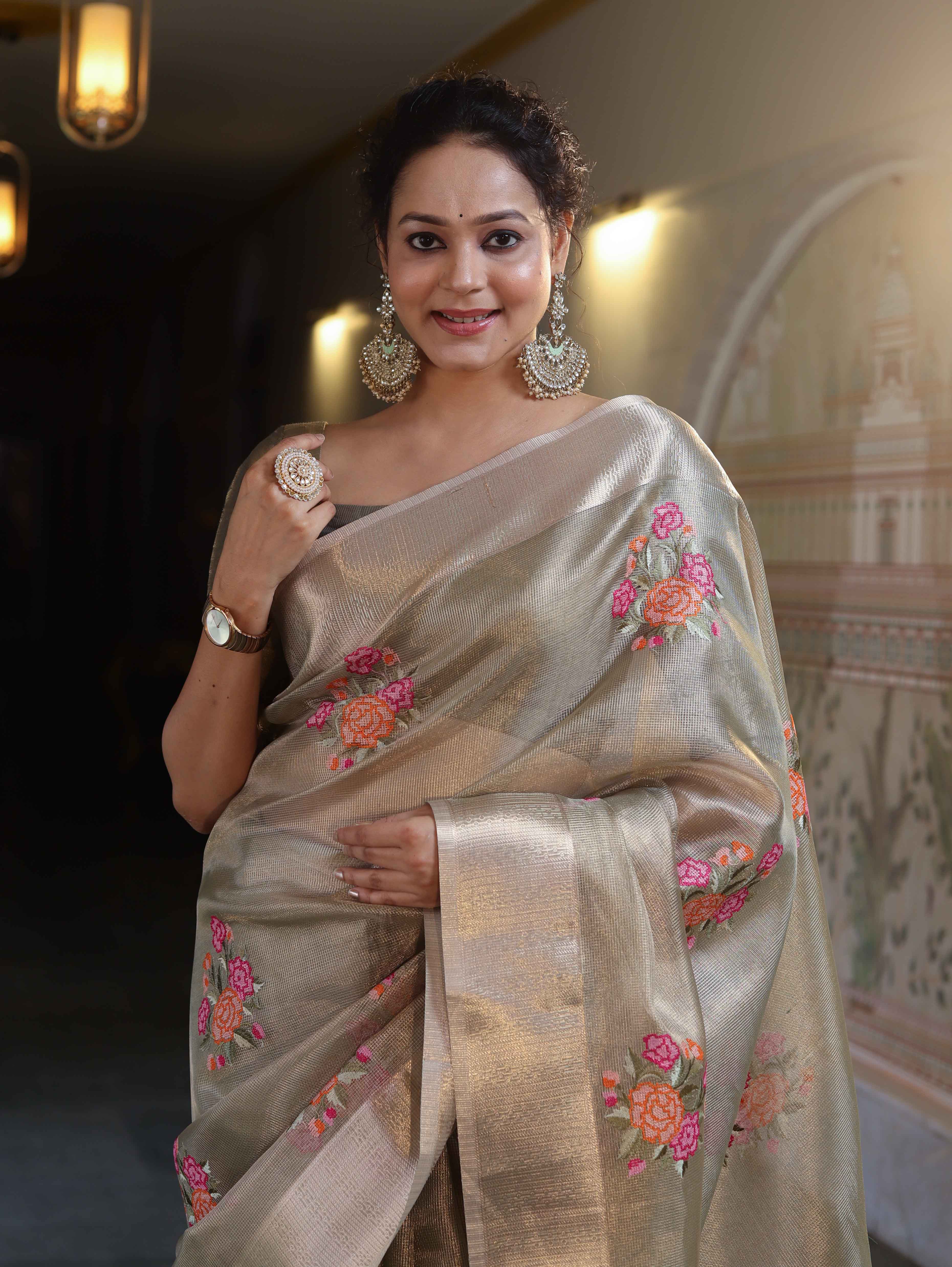 Banarasee Handwoven Tissue Saree With Thread Embroidered Buta & Zari Border-Gold