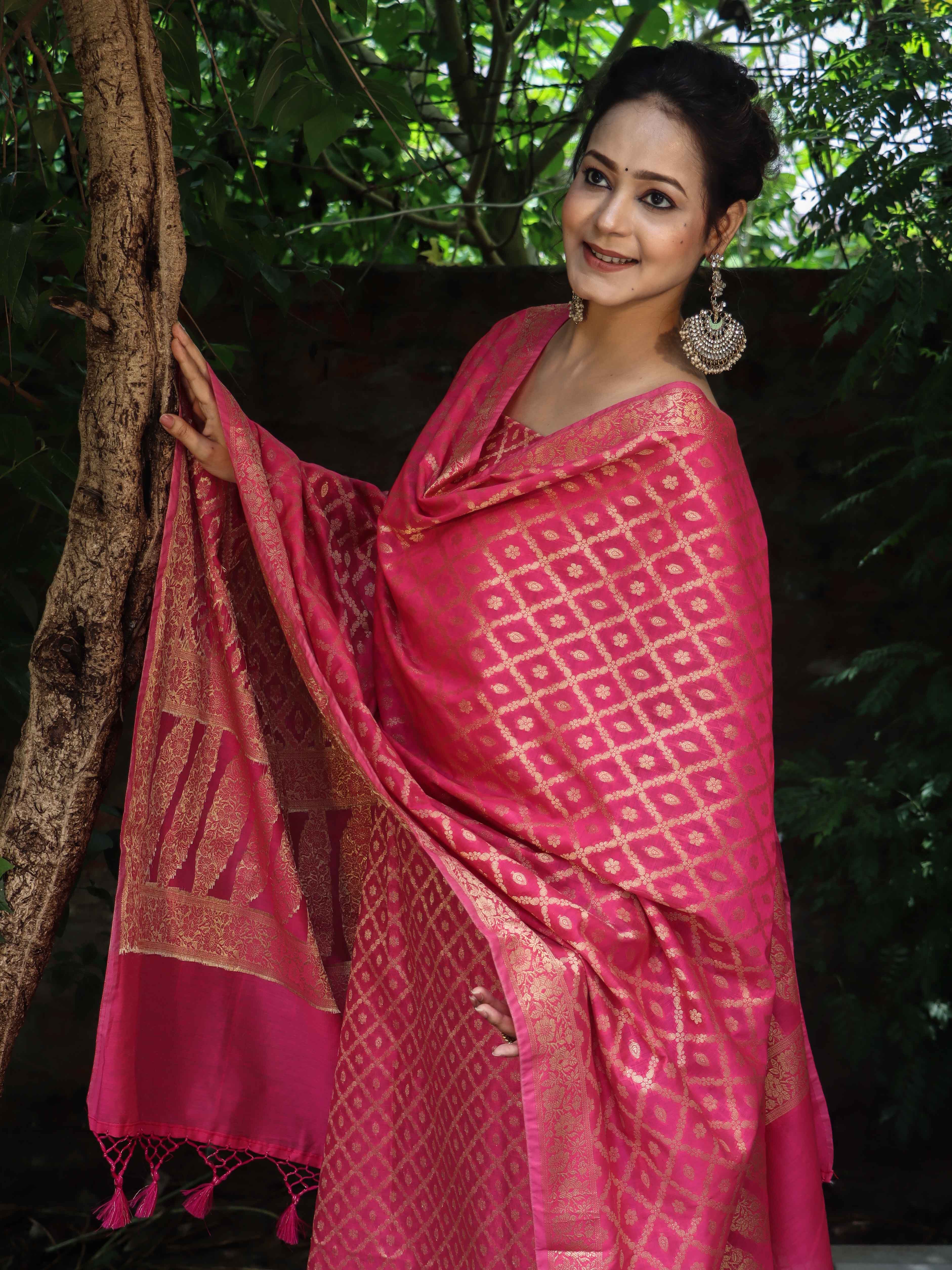 Banarasee Cotton Silk Zari Woven Salwar Kameez Dupatta Set-Fuscia Pink