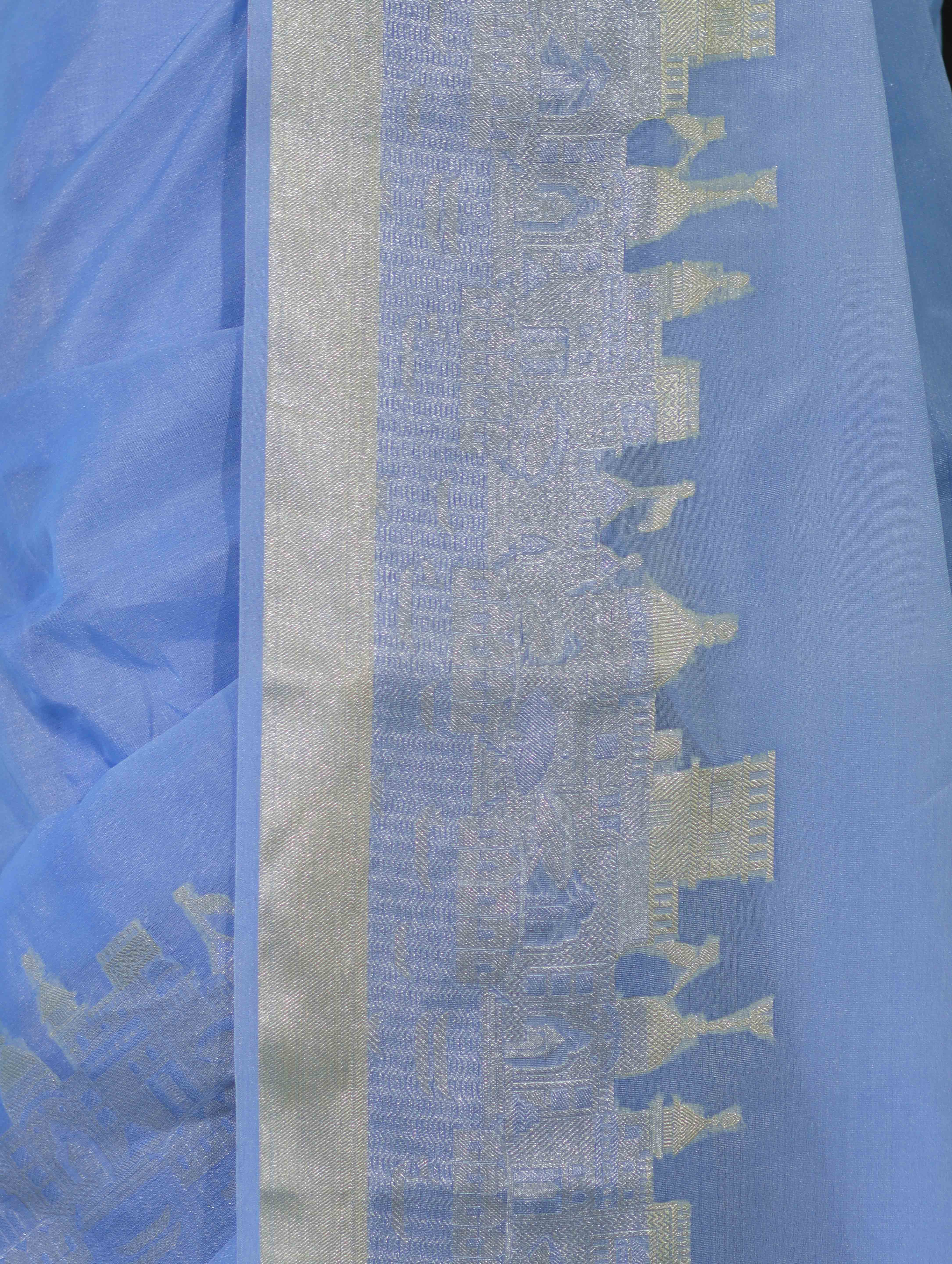 Banarasee Handloom Semi Silk Plain Saree With Ganga Ghat Zari Border-Light Blue