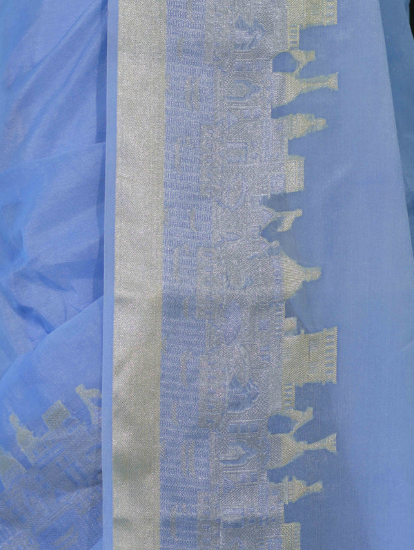 Banarasee Handloom Semi Silk Plain Saree With Ganga Ghat Zari Border-Light Blue