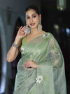 Banarasee Tissue Saree With Resham Embroidery Applique Work Pallu & Scallop Border-Light Green