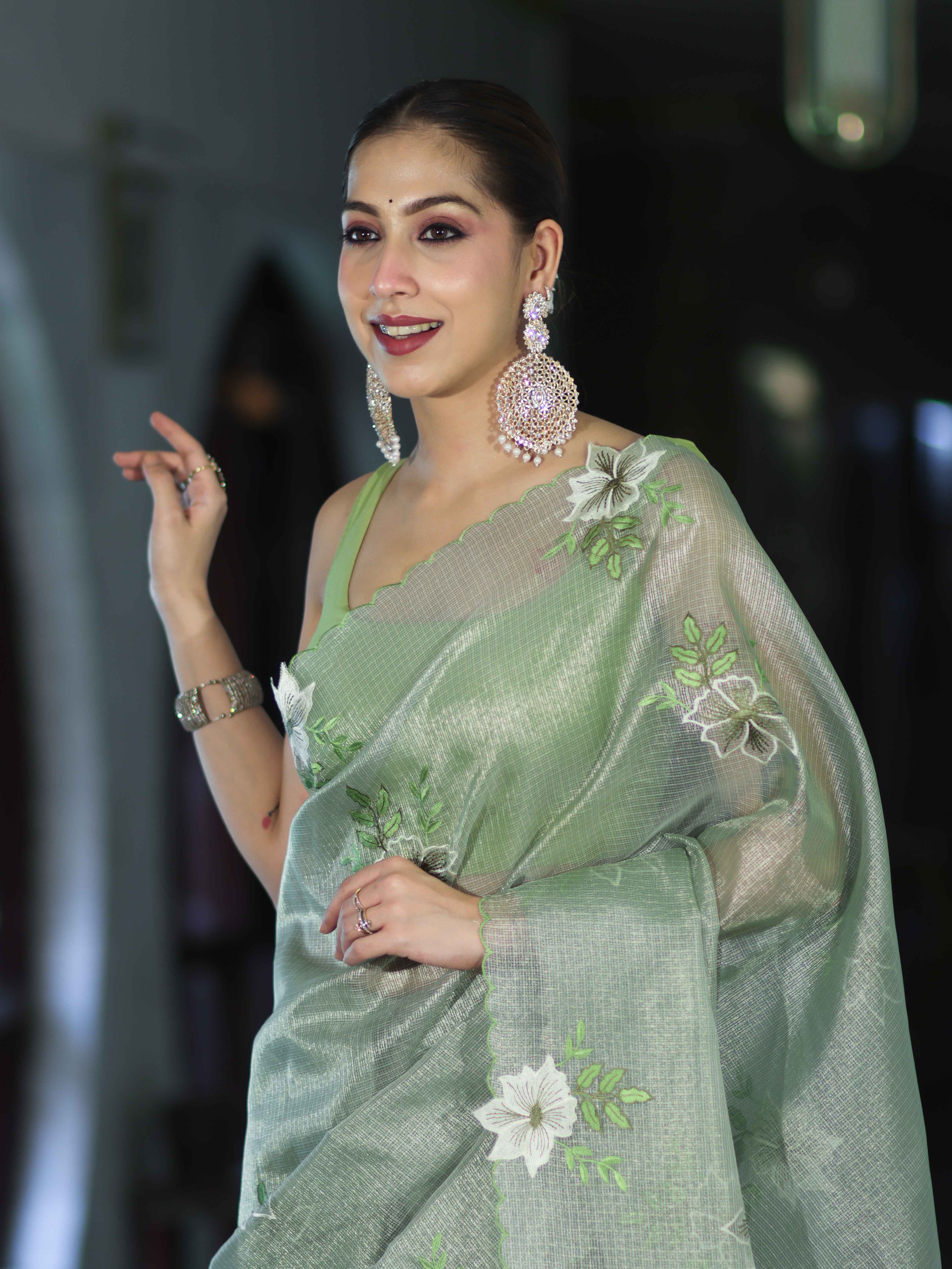 Banarasee Tissue Saree With Resham Embroidery Applique Work Pallu & Scallop Border-Light Green
