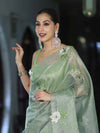 Banarasee Tissue Saree With Resham Embroidery Applique Work Pallu & Scallop Border-Light Green